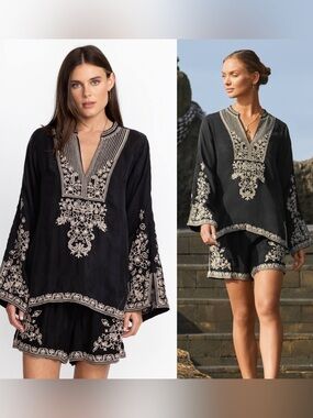 Johnny Was Tempest top & shorts matching set vacay black ivory embroidered XXL
